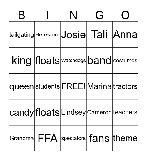 Homecoming Bingo Card