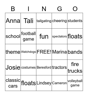 Homecoming Bingo Card