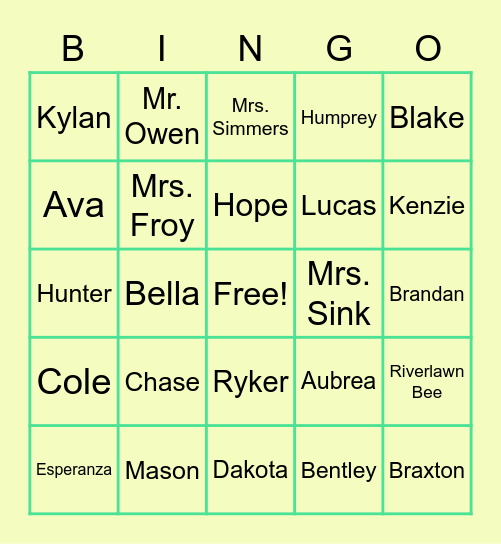 Second Grade Bingo Card