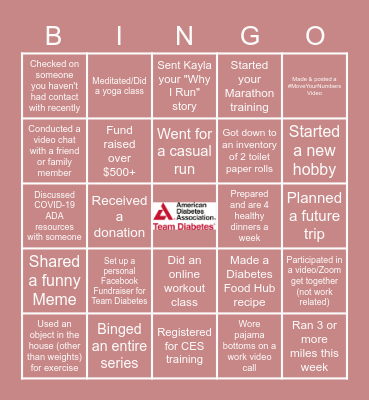 Virtual Team Diabetes Bingo Challenge Bingo Card