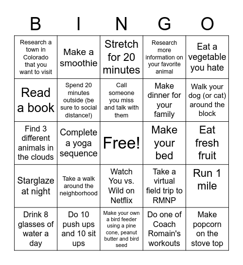 Health & Nature Bingo Card