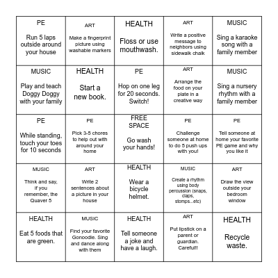 K-2 Art, Music, Health, and PE May 11- May 15 Bingo Card