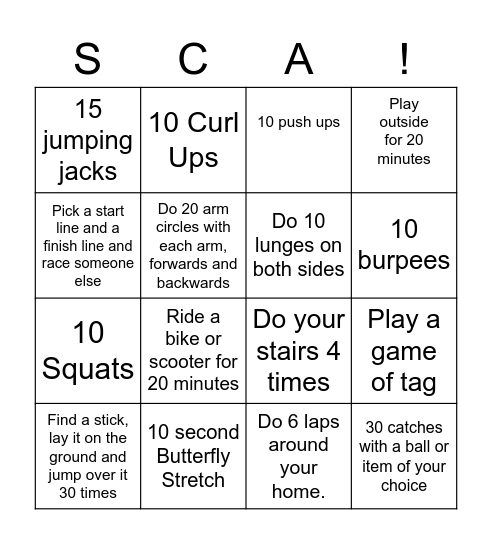 P.E. Bingo Card