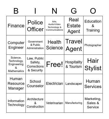 Career Clusters Bingo Card