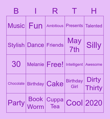 Melanie's Birthday Bingo Card