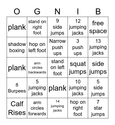 Fitness Bingo Card