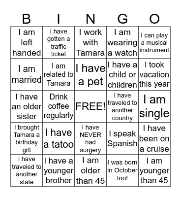 Tamara's 45th Birthday !! Bingo Card