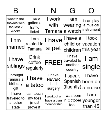 Tamara's 45th Birthday !! Bingo Card