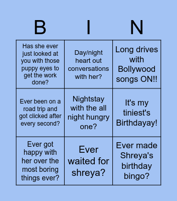 Shreya's Buttday bingo! Bingo Card