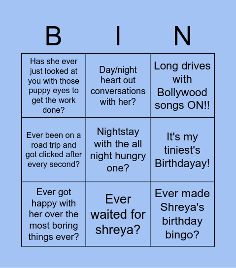 Shreya's Buttday bingo! Bingo Card