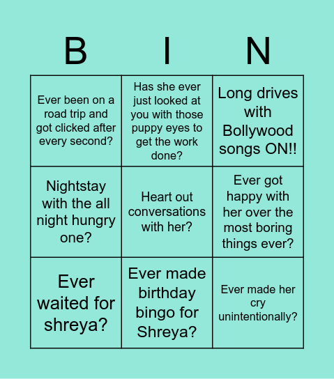 Shreya's Buttday bingo! Bingo Card