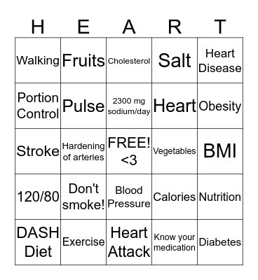 Healthy Heart Bingo Card