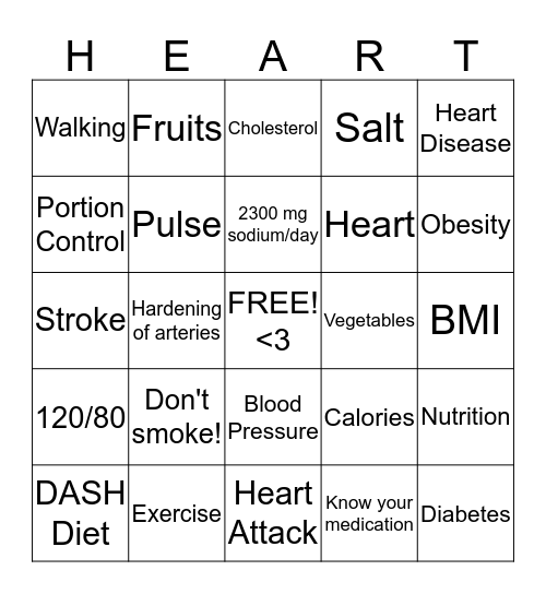 Healthy Heart Bingo Card