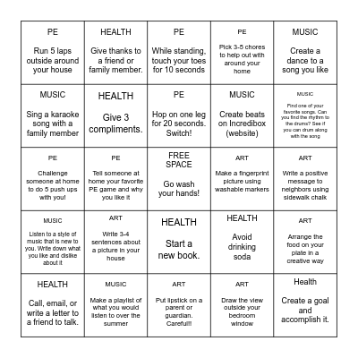 3rd - 5th Grade Art, Music, Health, and PE Bingo May 11- May 15 Bingo Card