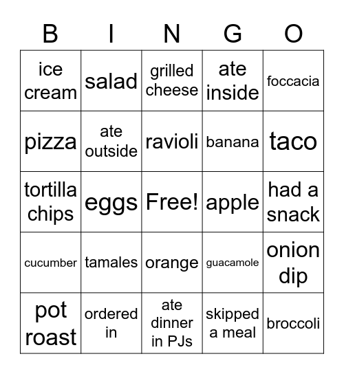 Quarantine food Bingo Card