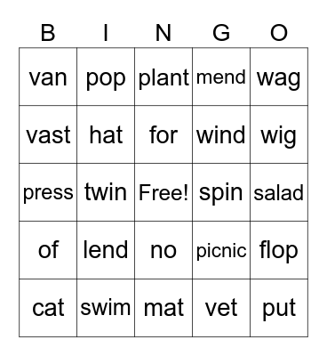 Decodable Words BINGO Card