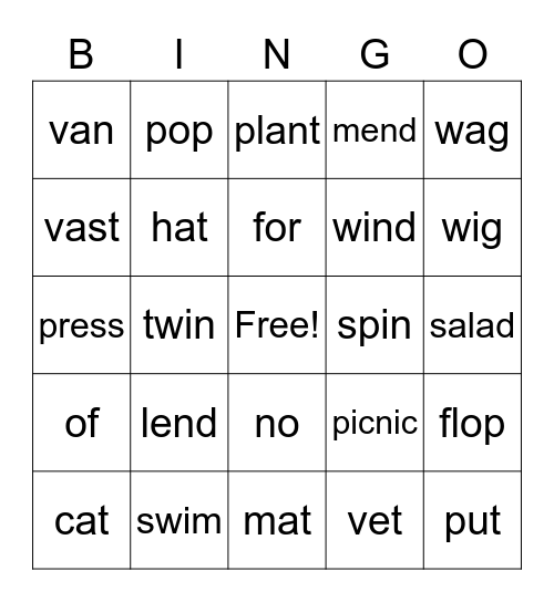 Decodable Words BINGO Card