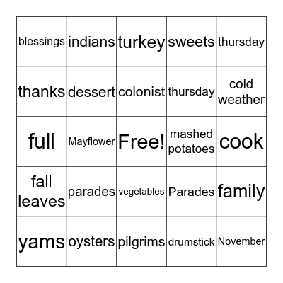 THANKSGIVING Bingo Card