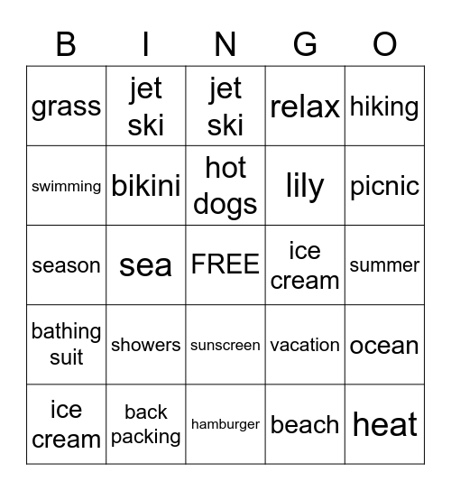 Fun things to do in the Summer! Bingo Card