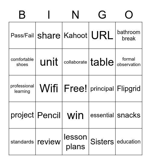 Teacher Stuff Bingo Card