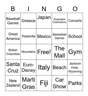 Oh, The Places I Wish I Could Go! Bingo Card