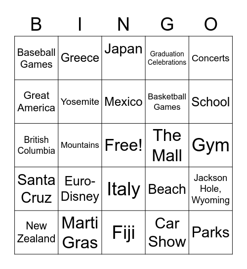 Oh, The Places I Wish I Could Go! Bingo Card