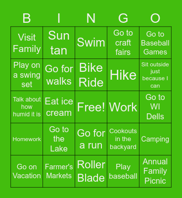 Things I do during Summer! Bingo Card