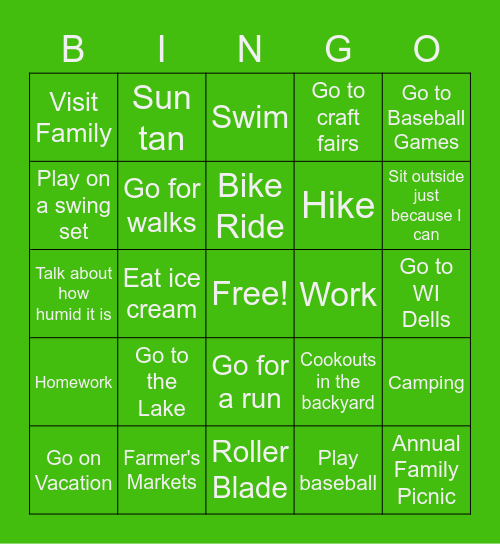 Things I do during Summer! Bingo Card