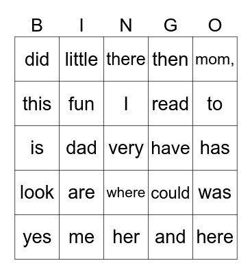 Sight Words Bingo Card