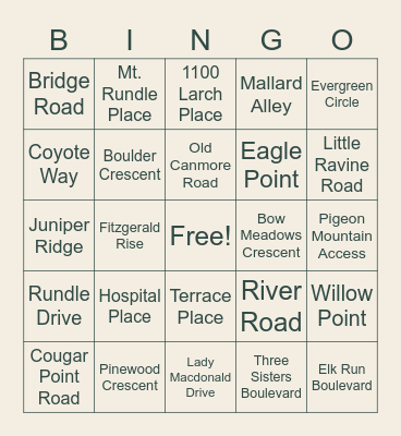 Canmore Street Names Bingo Card