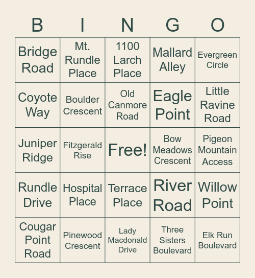 Canmore Street Names Bingo Card