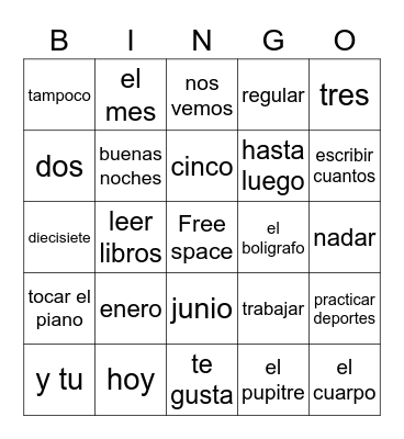 Spanish I Bingo Card