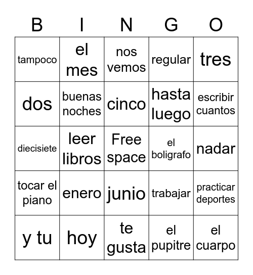 Spanish I Bingo Card