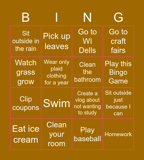 Things I would Rather do than Study! Bingo Card