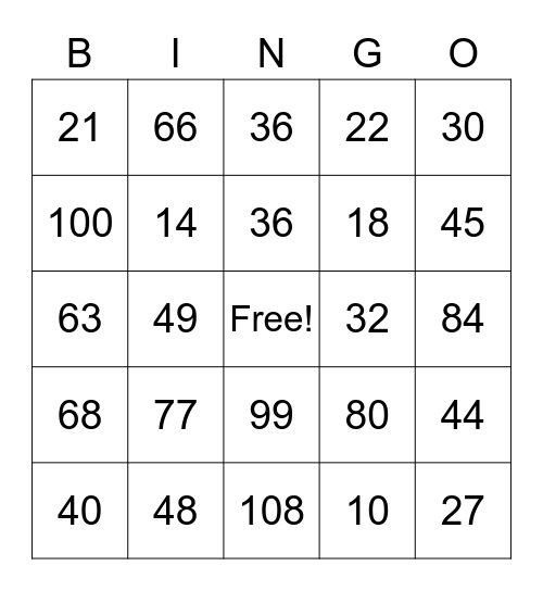 Multiplication Facts Bingo Card