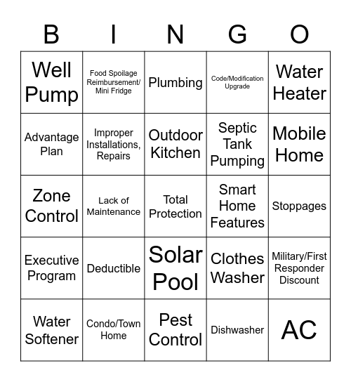 HomeGuard Home Warranty Bingo Card