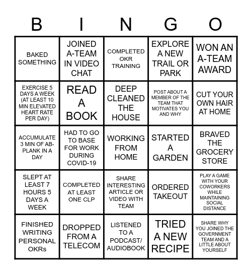 A-Team Quarantine Bingo Card