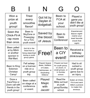 TCC Youth Group Bingo Card