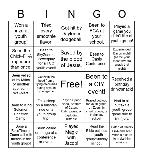 TCC Youth Group Bingo Card