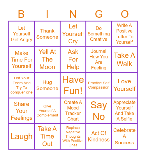 August Self Care Summer- Emotional Care Bingo Card