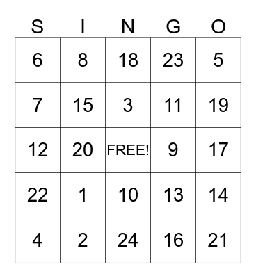 Singing Time SINGO Bingo Card
