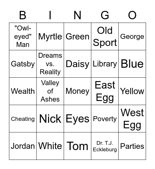 The Great Gatsby Bingo Card