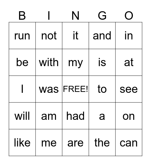 Sight Words Bingo Card