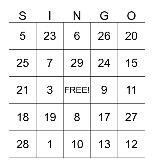 Singing Time SINGO Bingo Card