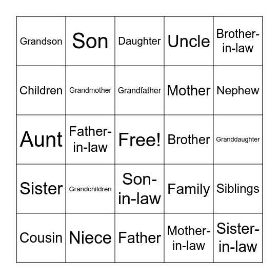 Family Bingo Card