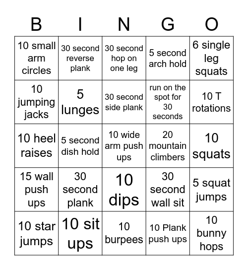 Fitness challenge Bingo Card