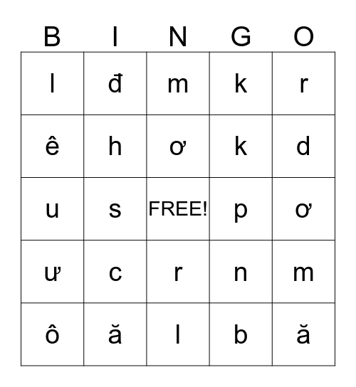 Chơi Lô Tô-Chữ Cái Tiếng Việt Bingo Card