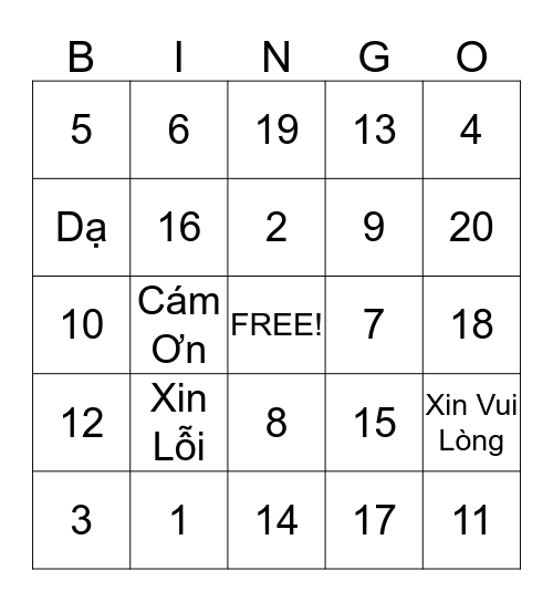 Chơi Lô Tô Bingo Card