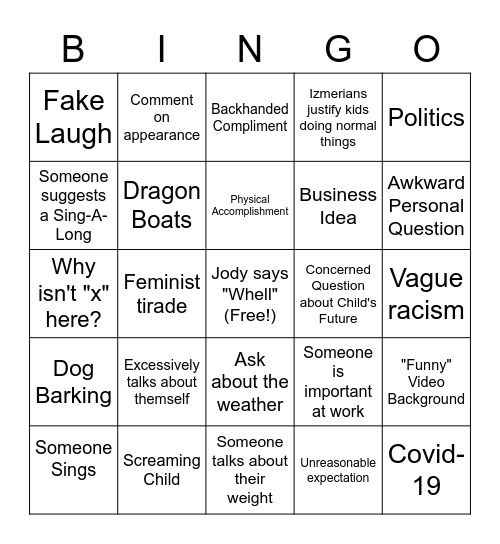 Family Zoom Bingo Card