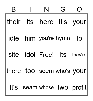 Homophones Bingo Card